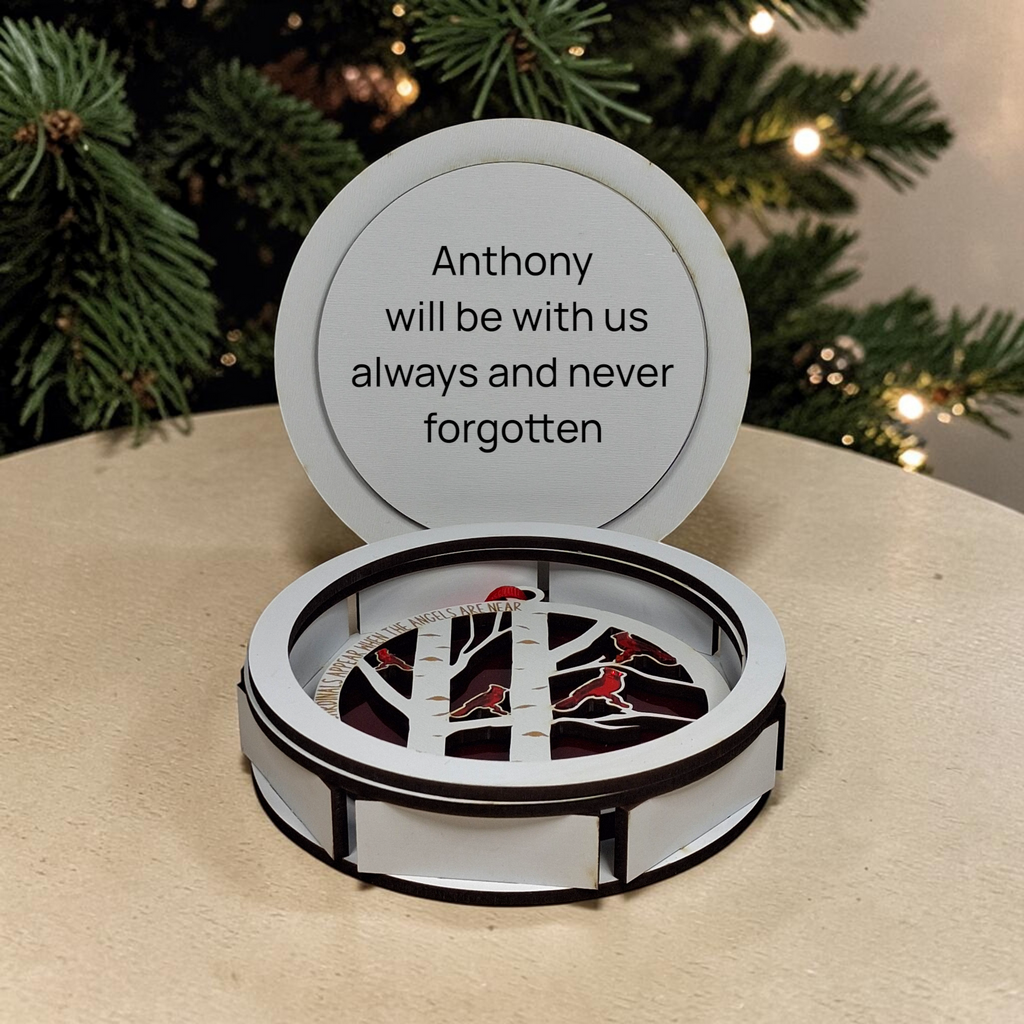 Cardinal Is Near – Christmas Ornament & Personalized Keepsake Box